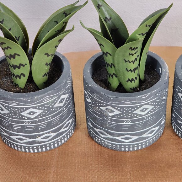 Faux Plants in Grey Tribal Print Faux Cement Pots Set of 3 4"Wx9"H - Picture 8 of 16